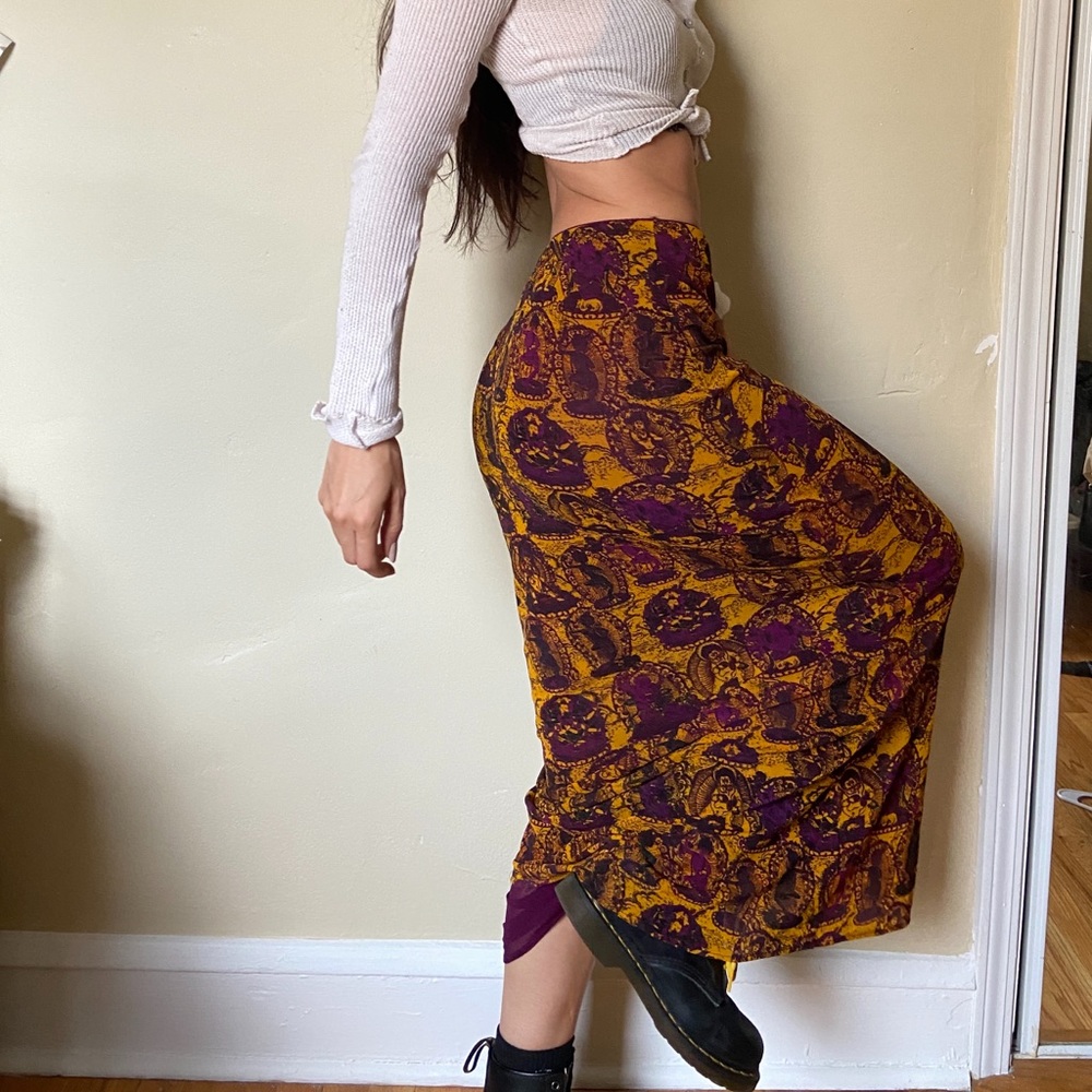 Vintage Vivienne Tam Mesh Buddha Maxi Skirt, 90s